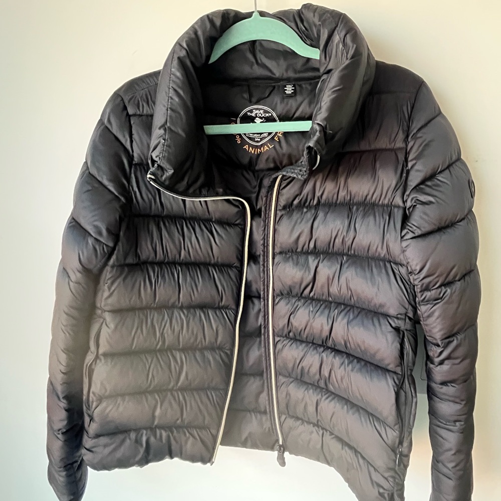 SAVE THE DUCK brand animal free down puffer jacket in black, size medium